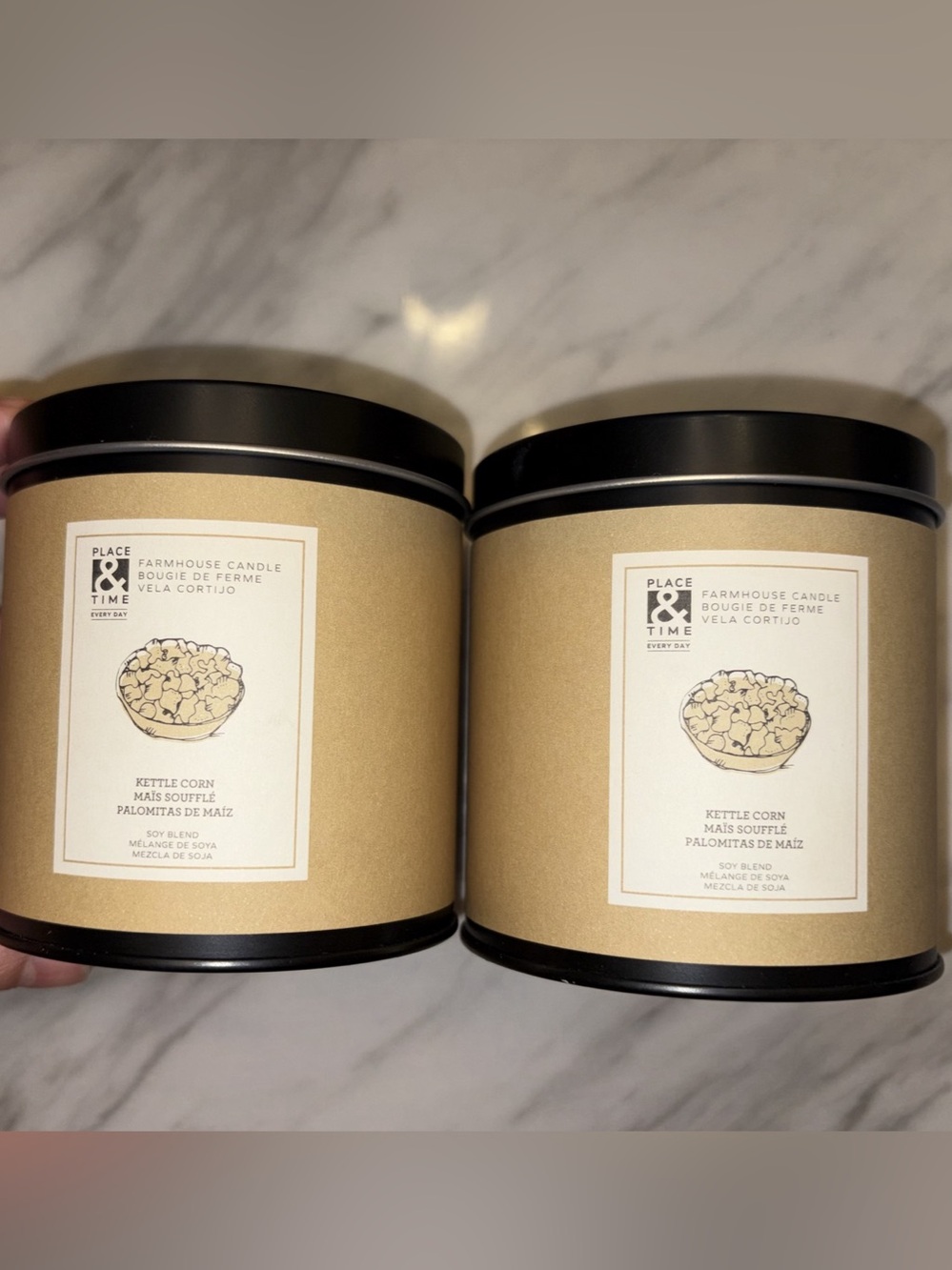 NWT Place & Time Farmhouse Kettle Corn Soy Blend Candle Tin Set of 2